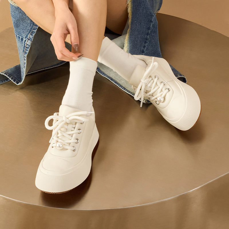 BeauToday Round Toe Womens Chunky Sneakers Lace-up Platform Sneakers with Delicate Pearl Embellishment