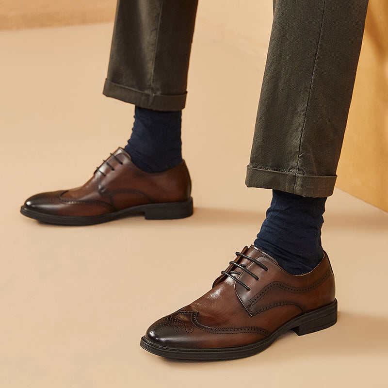 BeauToday Men's Elegant Cow Leather Wingtip Brogue Shoes