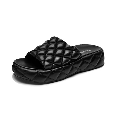 BeauToday Soft Round Toe Leather Woven Chunky Slippers for Women
