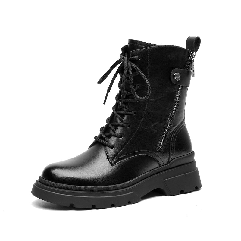 BeauToday Women's Cow Leather Lace Up Mid Calf Boot with Side