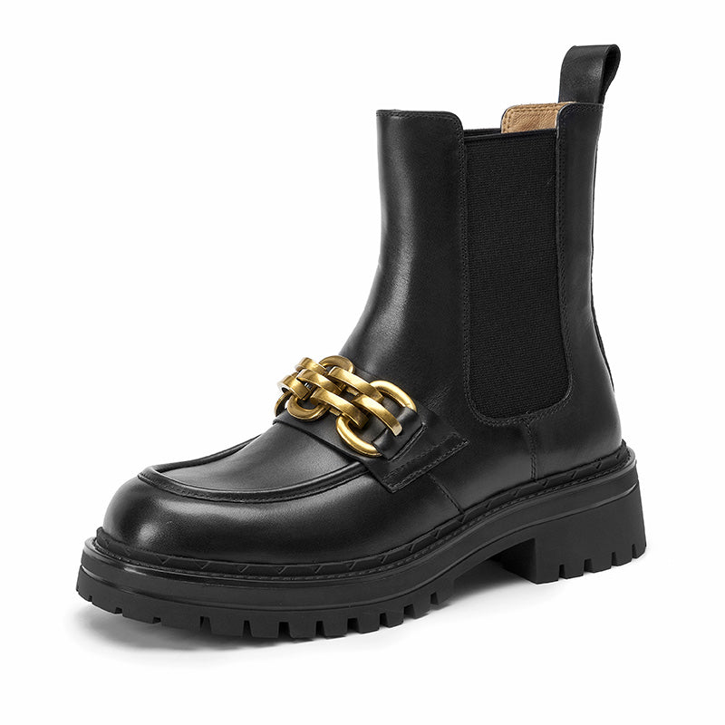 BeauToday Platform Ankle Boots for Women with Metal Chain Decor