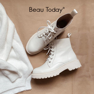BeauToday Leather Ankle Boots for Women with Round Toe Design BEAU TODAY