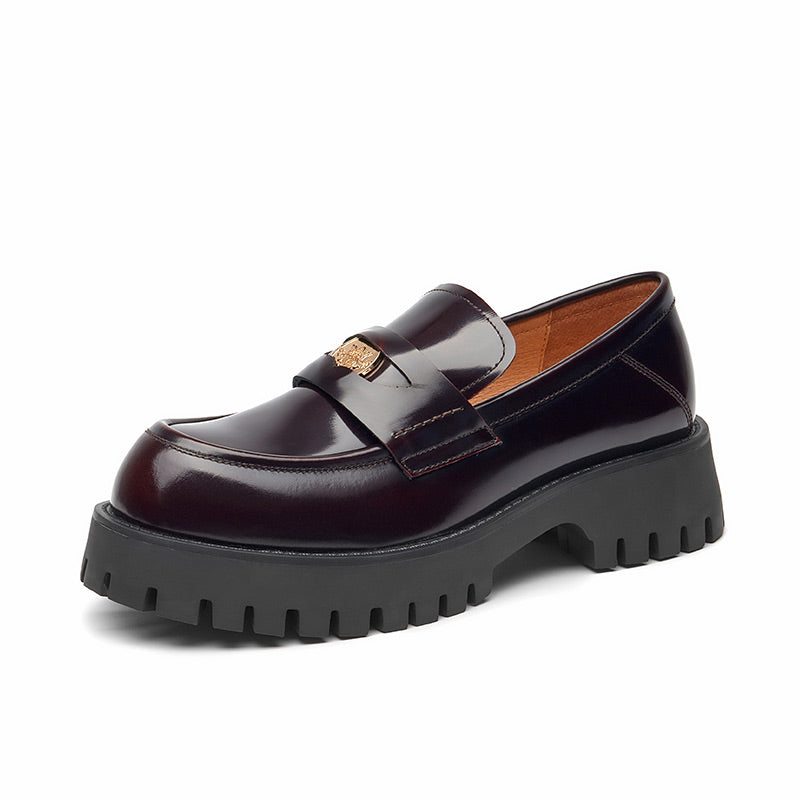 BeauToday Platform Loafers Patent Cow Leather Chunky Penny Loafers