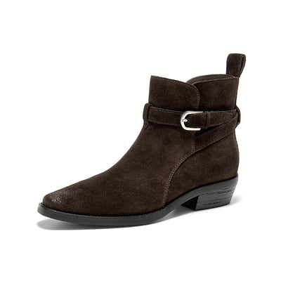 BeauToday Suede Chelsea Boots with Buckle Decor Pointed Toe Ankle Boots for Women