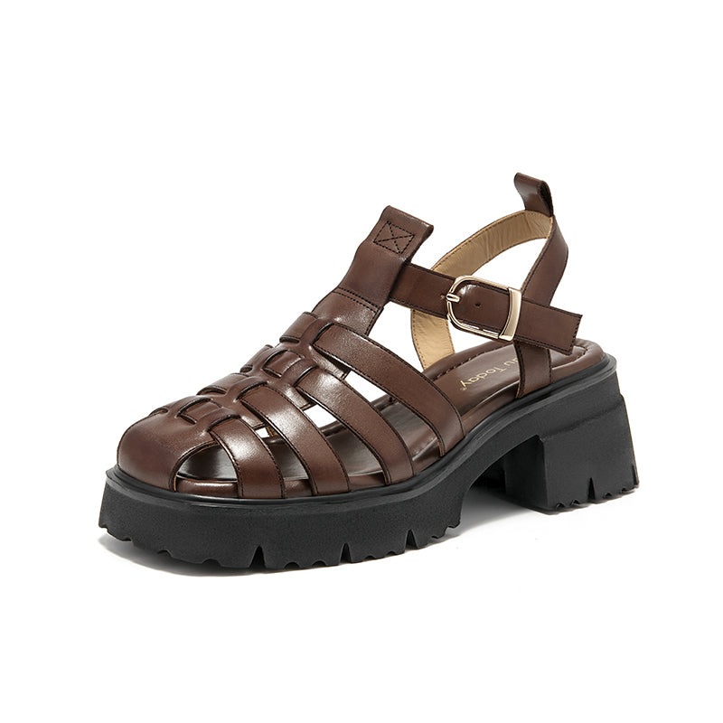 BeauToday Calfskin Leather Chunky Fisherman Sandals with  Block Heeled for Women