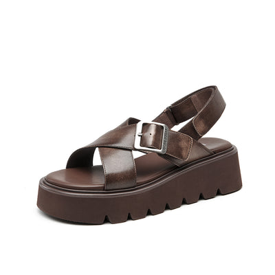 BeauToday Summer Womens Leather Chunky Sandals with Crossed-over Band