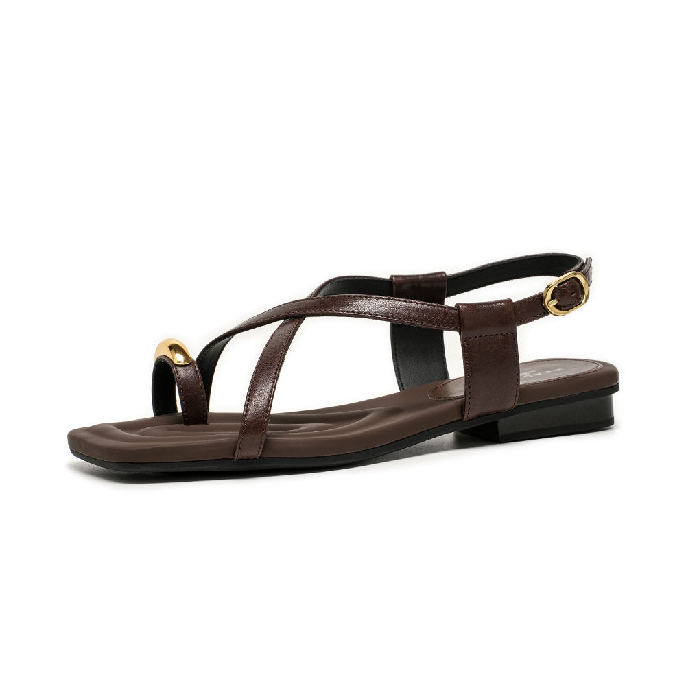 BeauToday Metallic Toe Strap Leather Sandals with Designed Square Toe for Women
