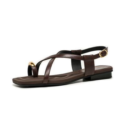BeauToday Metallic Toe Strap Leather Sandals with Designed Square Toe for Women