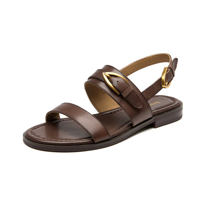 BeauToday Casual Buckle Leather Flat Sandals with Roud Design for Women
