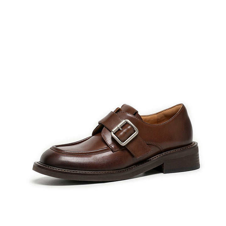 BEAU TODAY Calfskin Business Casual Loafer Shoes with Buckle Design for Women