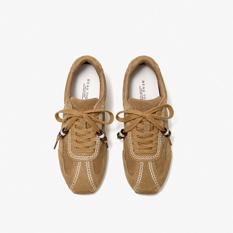 BeauToday Cow Suede Neutral Sneakers with Round Toe for Women