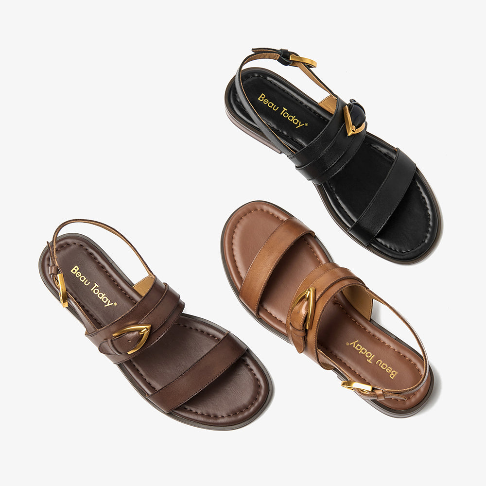 BeauToday Casual Buckle Leather Flat Sandals with Roud Design for Women