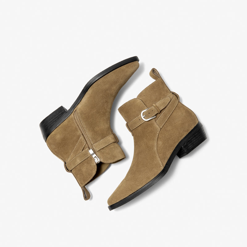 BeauToday Suede Chelsea Boots with Buckle Decor Pointed Toe Ankle Boots for Women