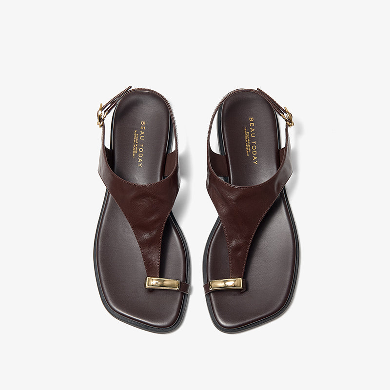 BeauToday Women's Genuine Leather Flat Sandals with Clip Metallic Toe Ring