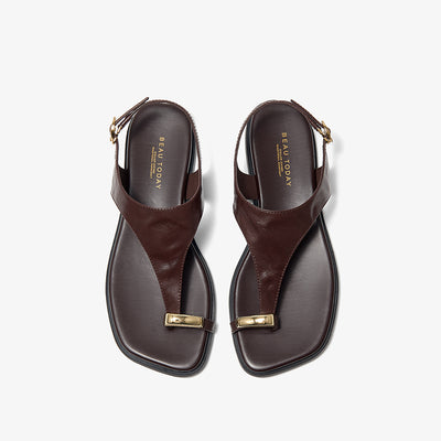BeauToday Women's Genuine Leather Flat Sandals with Clip Metallic Toe Ring