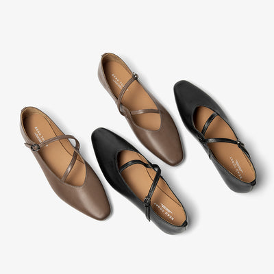 BeauToday Horsehide Pointed Toe Mary Janes Flats with Strappy Design for Women