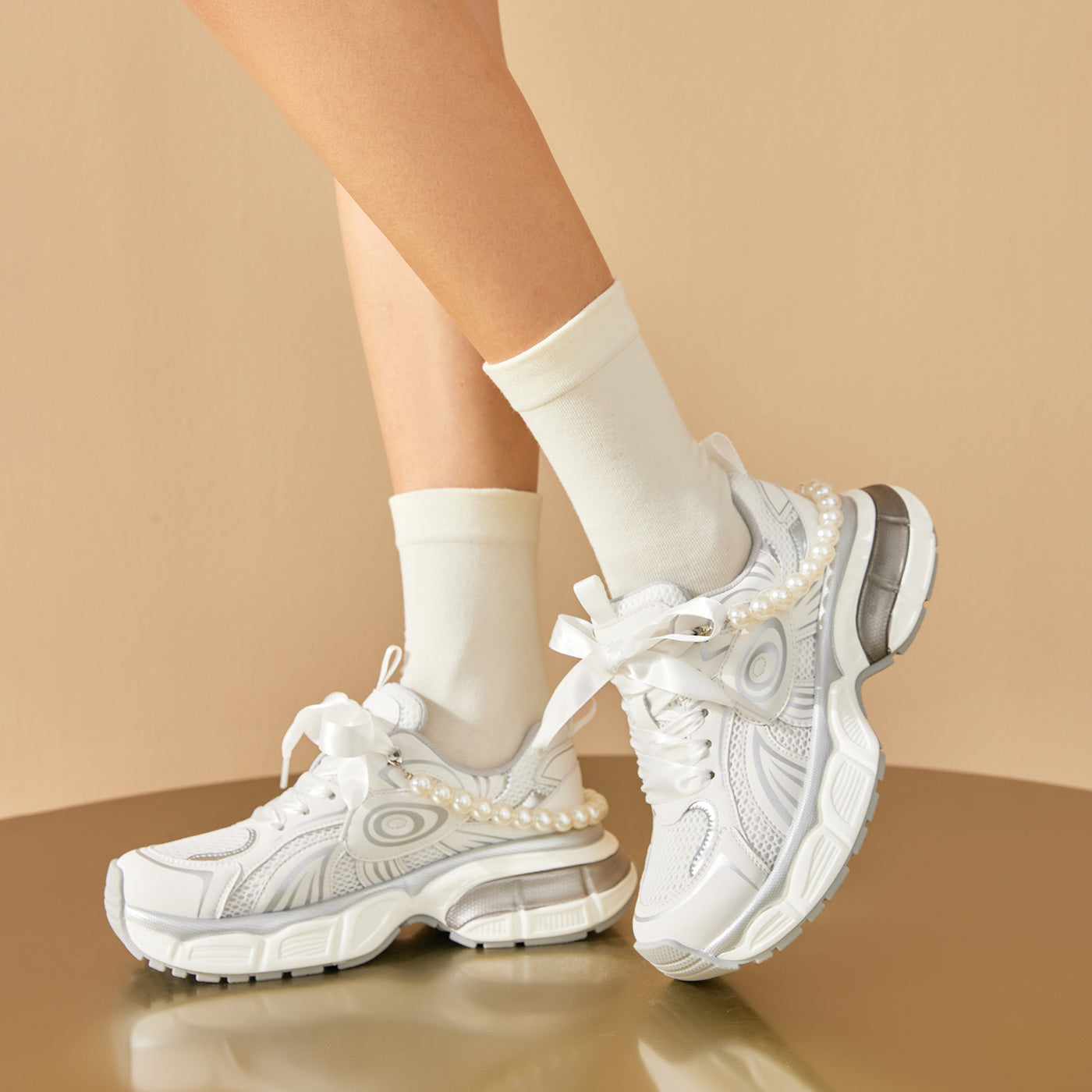 BeauToday  Fashion Casual Chunky Sneakers with Pearl Chain Design for Women