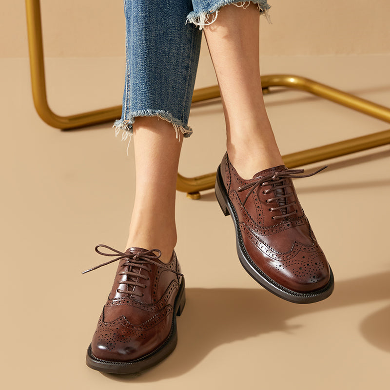 BEAU TODAY Women's Oxford Shoes, Leather Wingtip Brogue Oxfords for Women, Casual Business Office Work Shoes Coffee / US 8