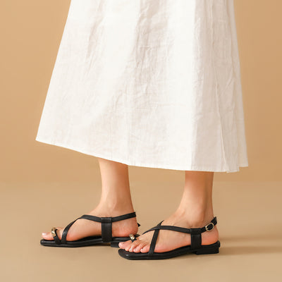 BeauToday Metallic Toe Strap Leather Sandals with Designed Square Toe for Women
