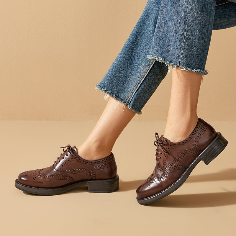 BEAU TODAY Women's Oxford Shoes, Leather Wingtip Brogue Oxfords