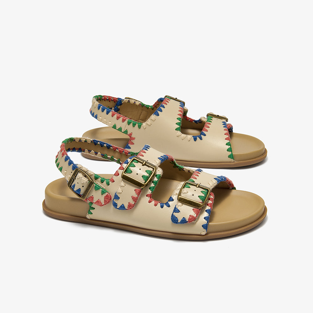 Beau Today Women's Leather Sandals with Handmade Embroidered Crochet sandals