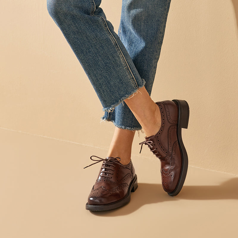 BEAU TODAY Women's Oxford Shoes, Leather Wingtip Brogue Oxfords