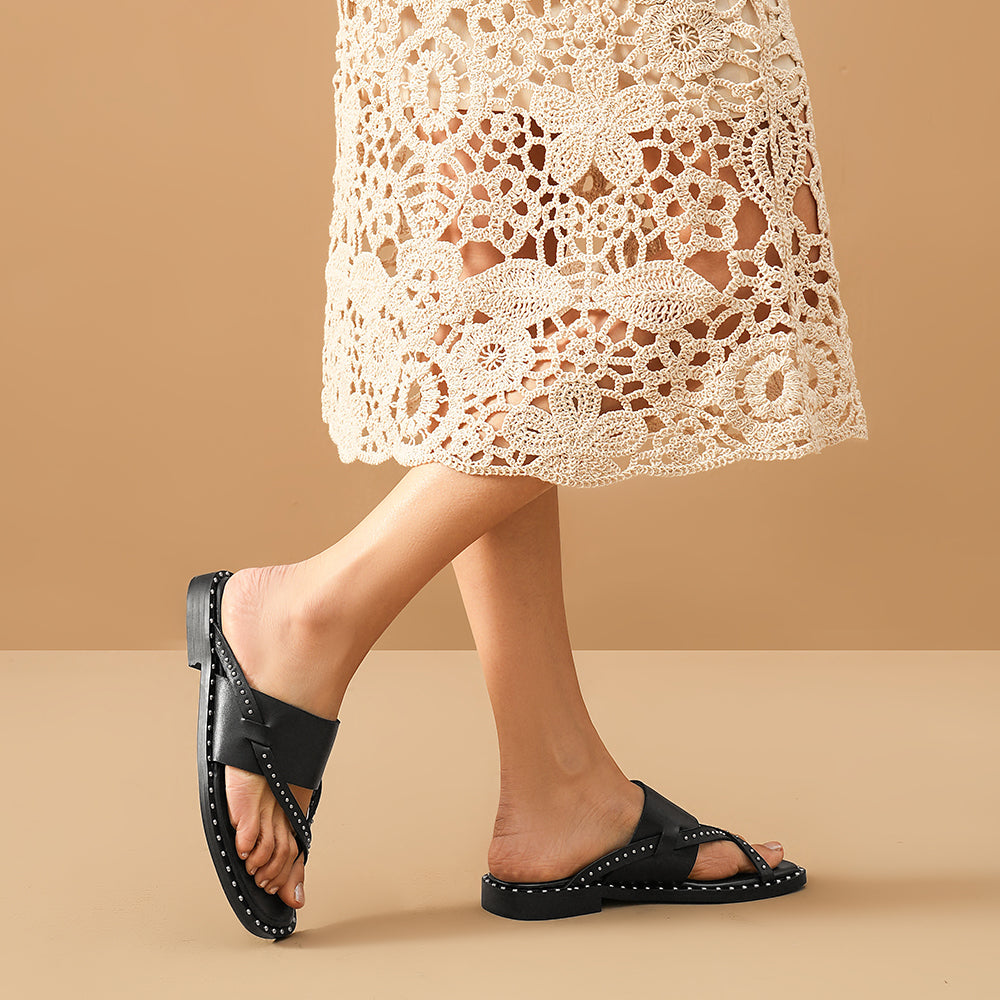 BeauToday Women's Leather Flip Flop Sandals Casual Flat Toe Post Slides for Vacation