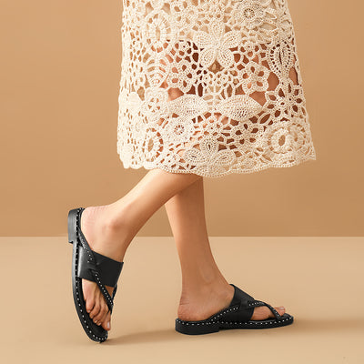 BeauToday Women's Leather Flip Flop Sandals Casual Flat Toe Post Slides for Vacation