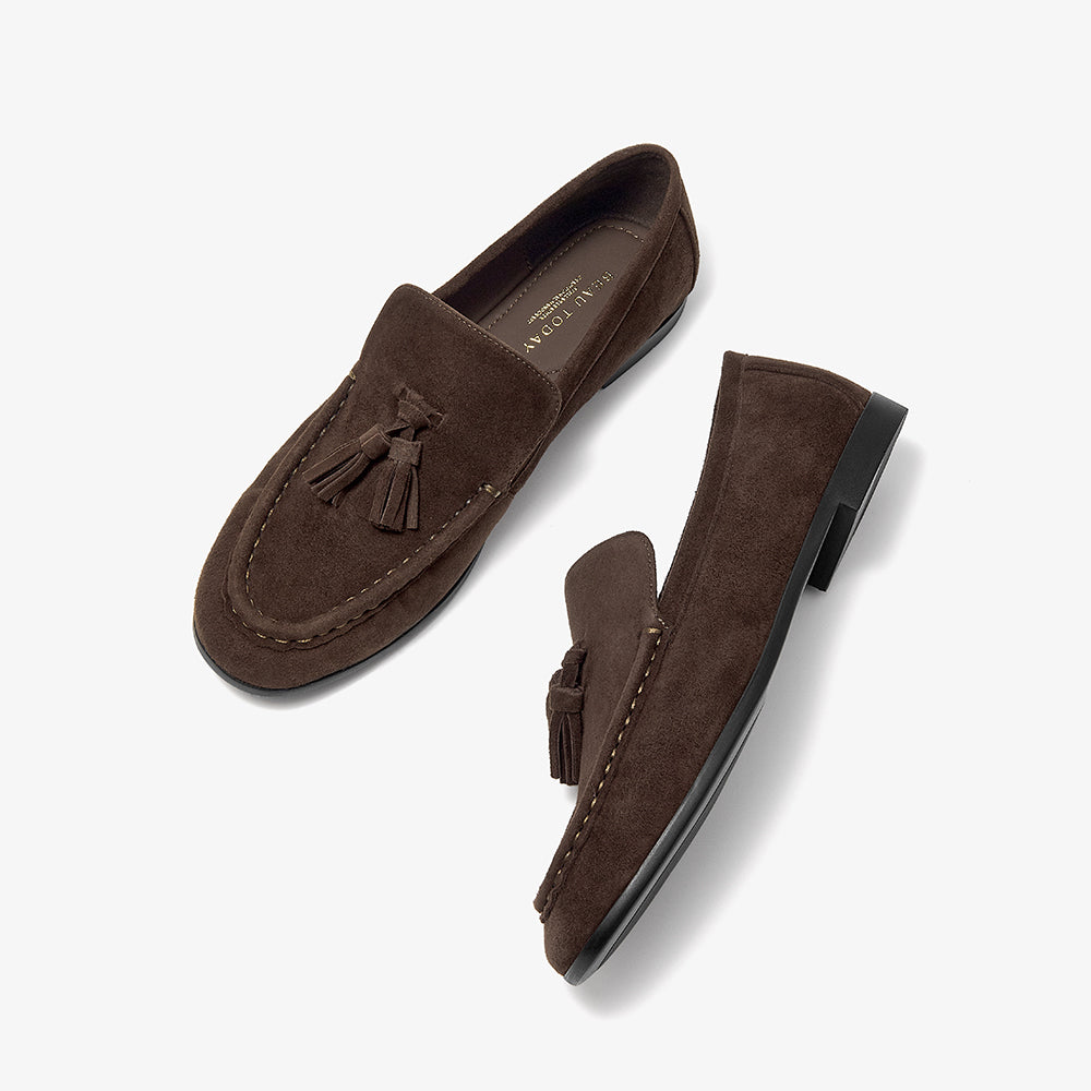 BeauToday Vintage Sheep Suede Slip On Flat Loafer with Tassel Design for Women