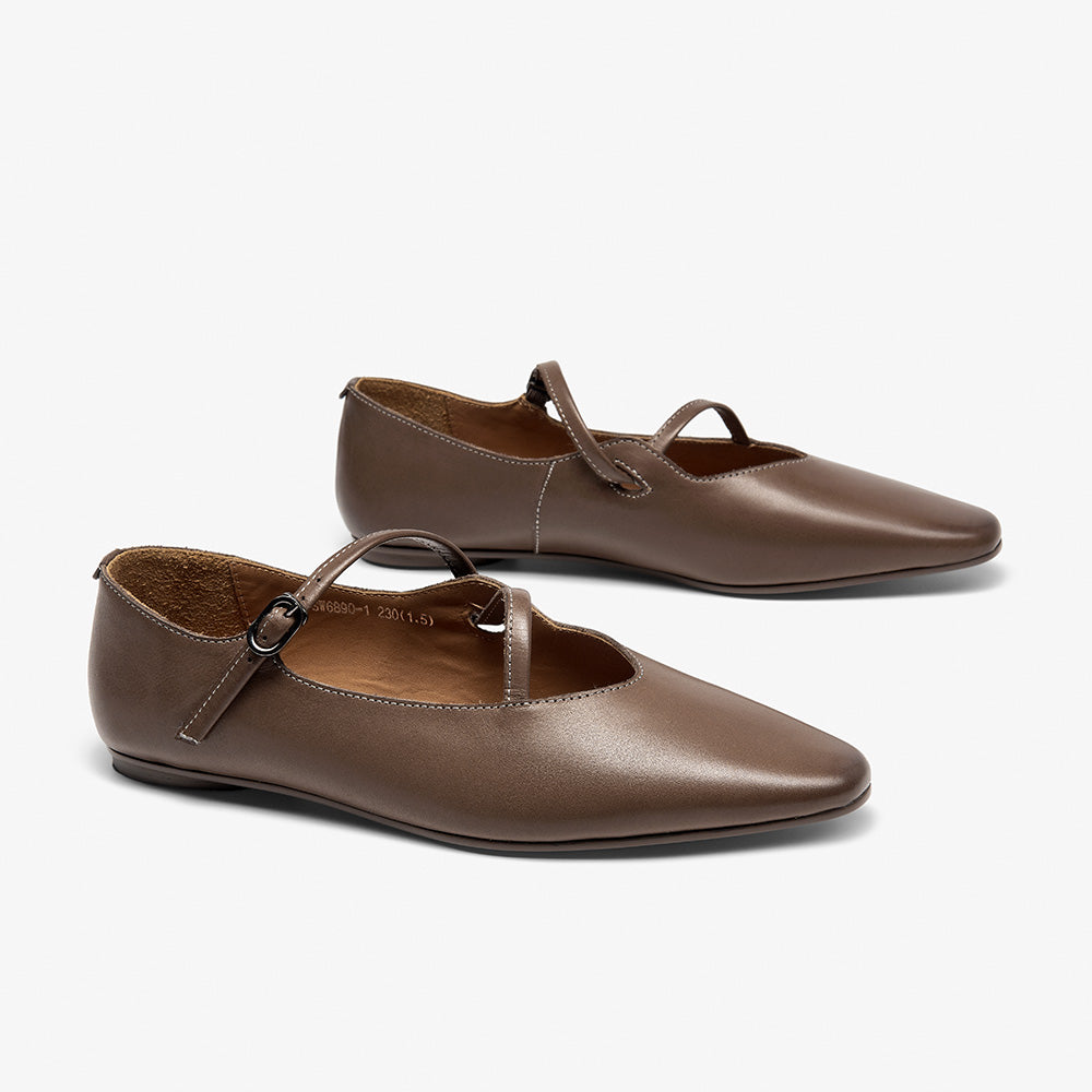 BeauToday Horsehide Pointed Toe Mary Janes Flats with Strappy Design for Women