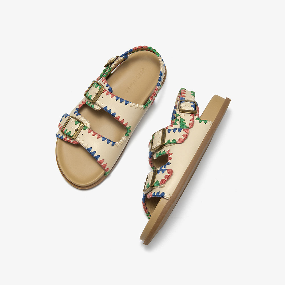 Beau Today Women's Leather Sandals with Handmade Embroidered Crochet sandals