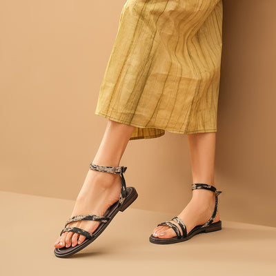 BeauToday Women's Animal Print Lace Up Flat Sandals