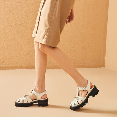 BeauToday Cover-toe Metal Buckle T-strap Sandals for Women