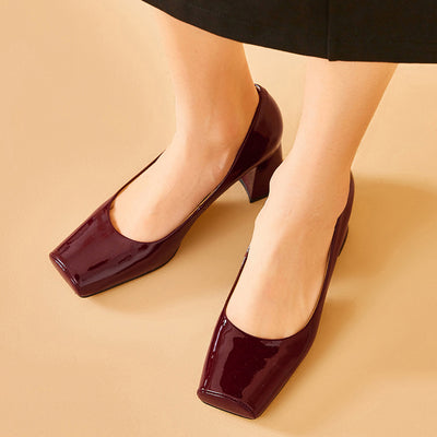 BeauToday Patent Leather Square Toe Block Heeled Pumps for Women
