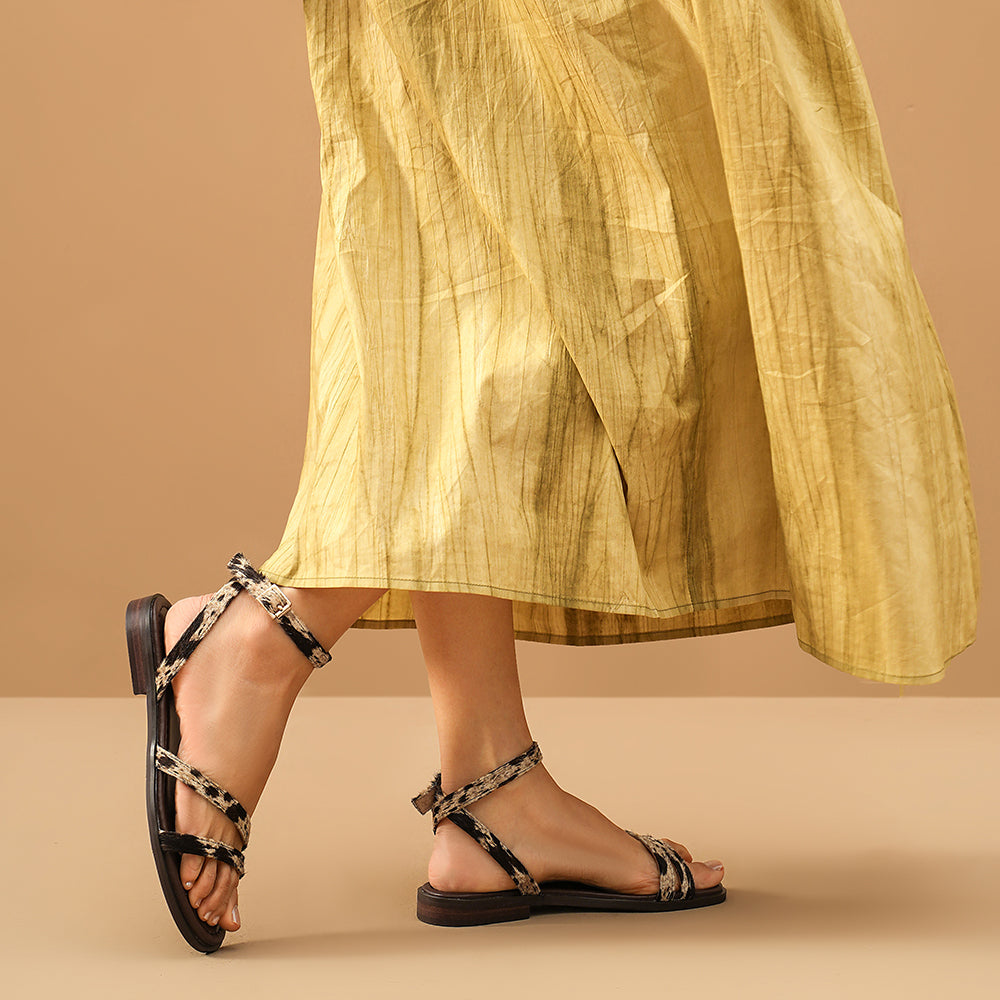 BeauToday Women's Animal Print Lace Up Flat Sandals