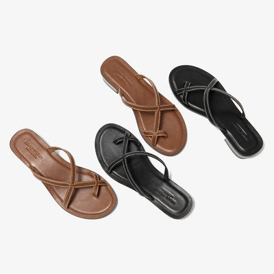 BeauToday Cow Leather Flip-flops Slides with Block Low Heel for Women