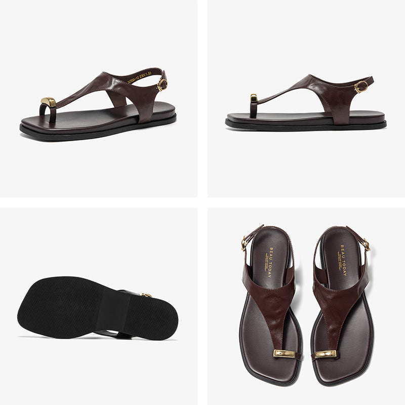 BeauToday Women's Genuine Leather Flat Sandals with Clip Metallic Toe Ring