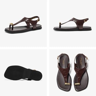 BeauToday Women's Genuine Leather Flat Sandals with Clip Metallic Toe Ring
