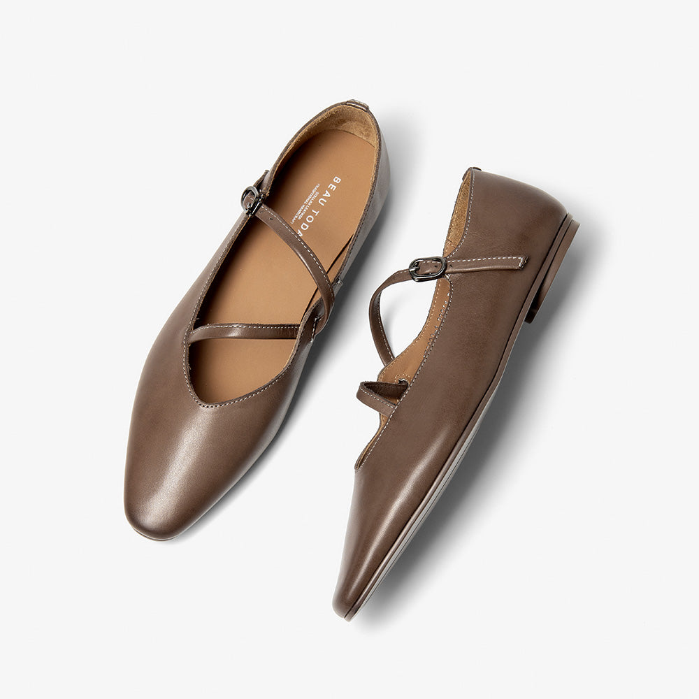 BeauToday Horsehide Pointed Toe Mary Janes Flats with Strappy Design for Women