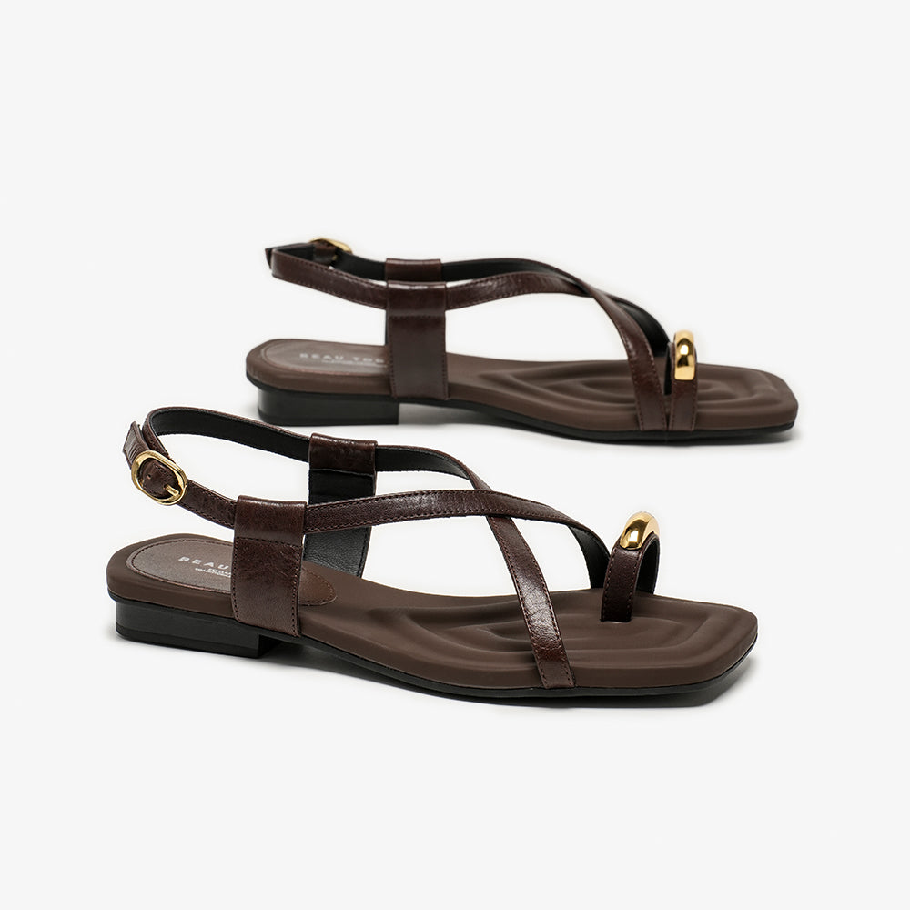 BeauToday Metallic Toe Strap Leather Sandals with Designed Square Toe for Women