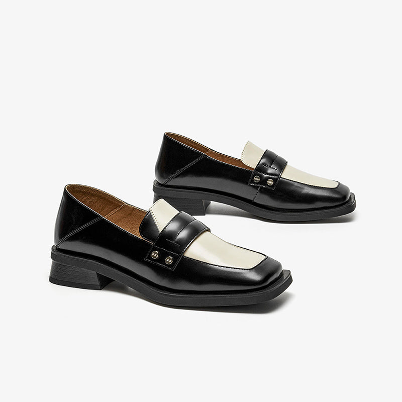 BeauToday Cow Leather Classic Patchwork Penny Loafers with Square Toe