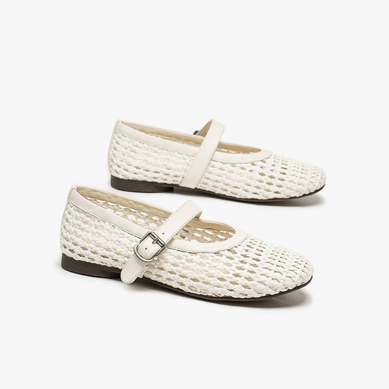 BeauToday Women's Leather Woven Hollow Mary Jane Flats with Buckle Design
