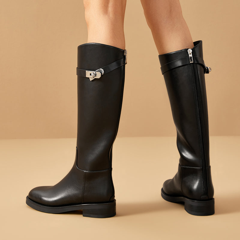 BeauToday Women's Cow Leather Knee High Boots with Side Buckle Design