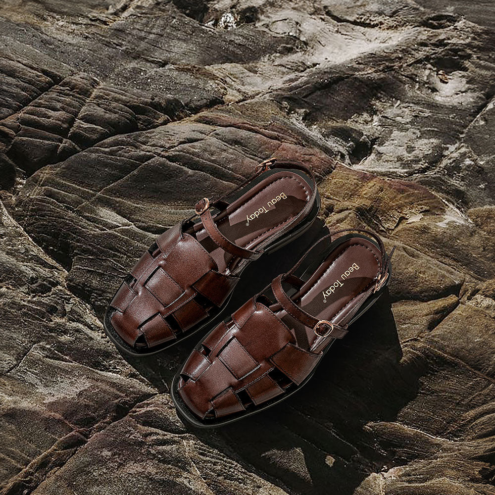 Beau Today Genuine Leather Flat Gladiator Sandals with Closed Toe for Women