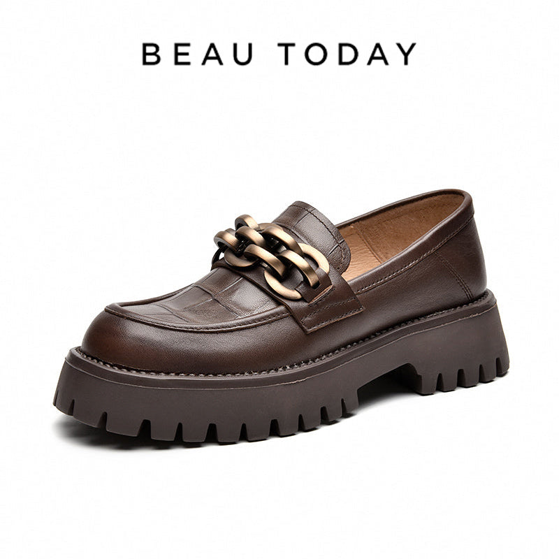BEAU TODAY Metal Hardware Platform Loafers for Women