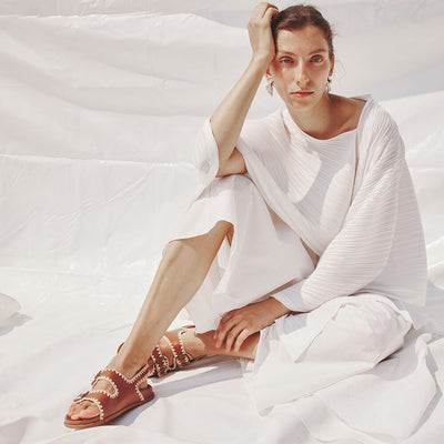 Beau Today Women's Handmade Leather Embroidered Crochet sandals