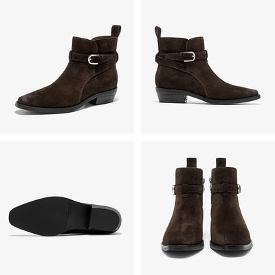 BeauToday Suede Chelsea Boots with Buckle Decor Pointed Toe Ankle Boots for Women