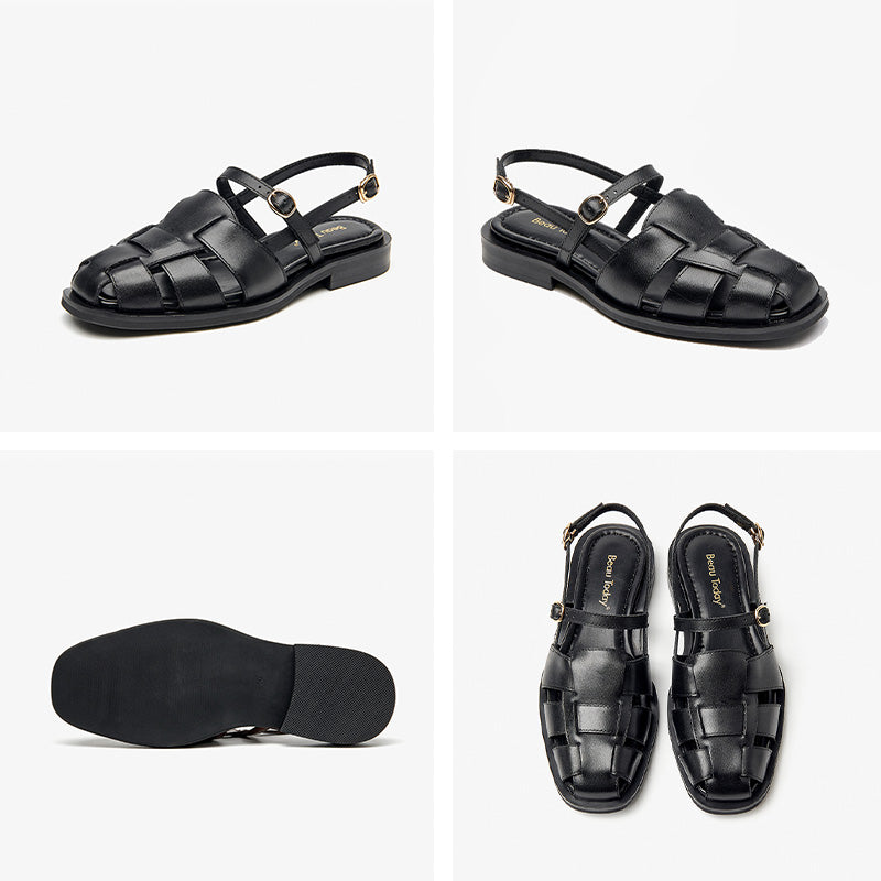 Beau Today Genuine Leather Flat Gladiator Sandals with Closed Toe for Women