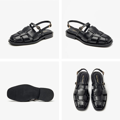 Beau Today Genuine Leather Flat Gladiator Sandals with Closed Toe for Women