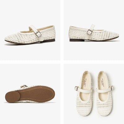 BeauToday Women's Leather Woven Hollow Mary Jane Flats with Buckle Design
